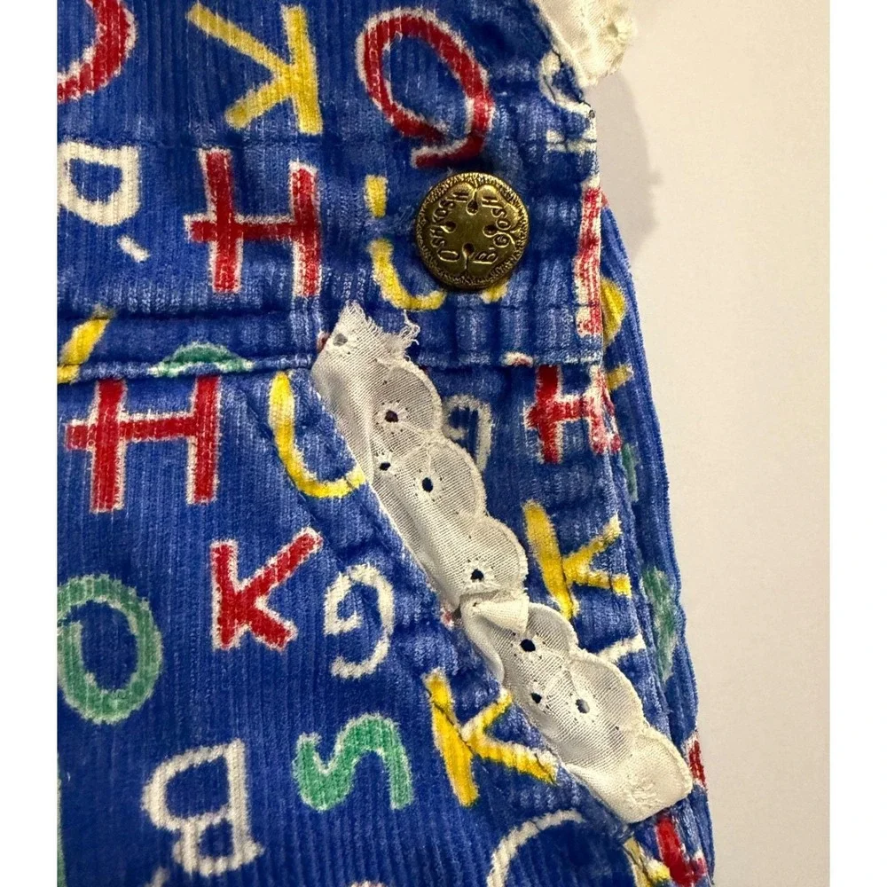 Vtg OshKosh B'gosh Blue Corduroy Alphabet Print Overalls Eyelet Lace 18 Mo USA‎